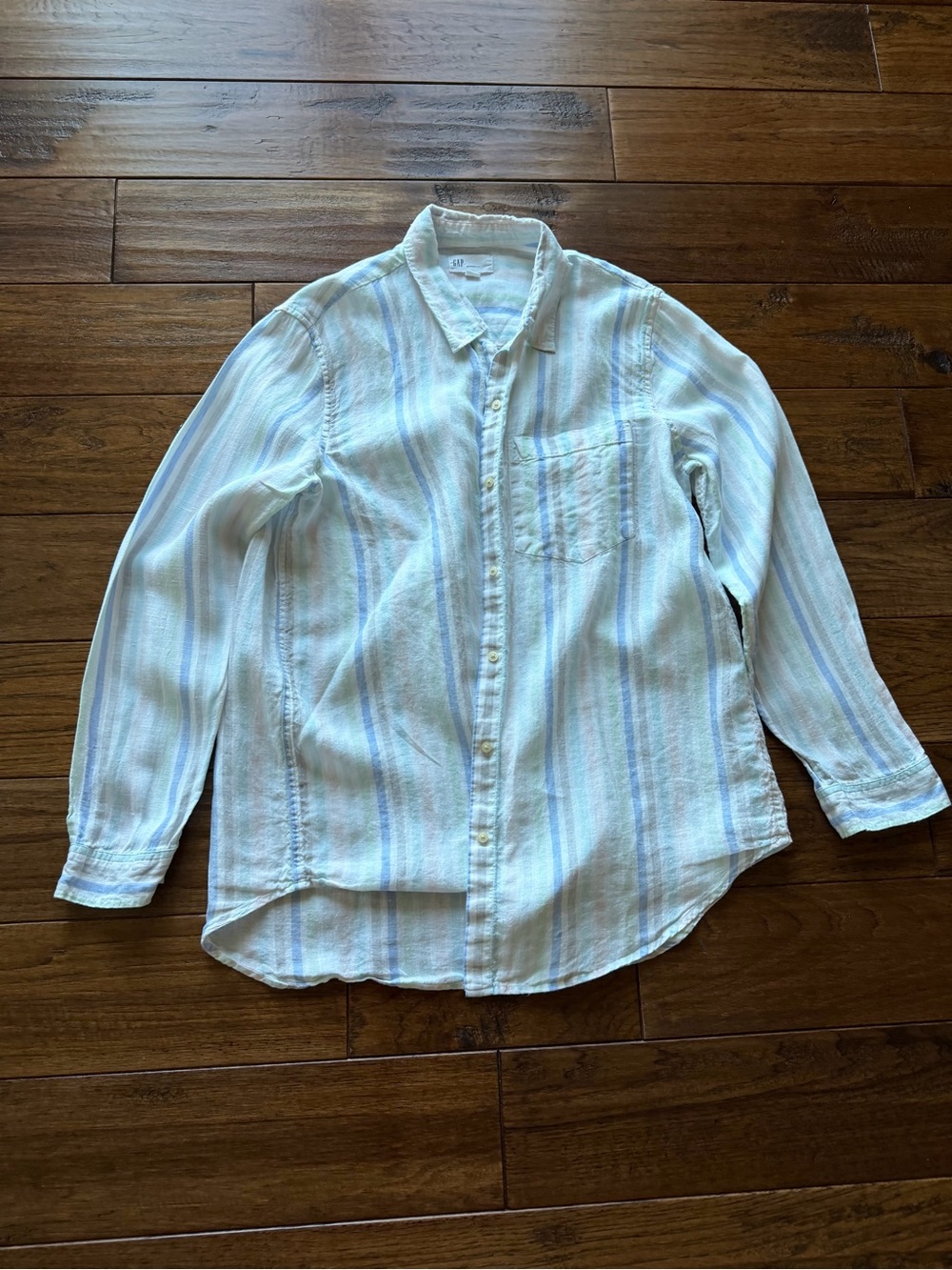 GAP 100% Linen White Multi Colored Striped Button-Down Shirt
